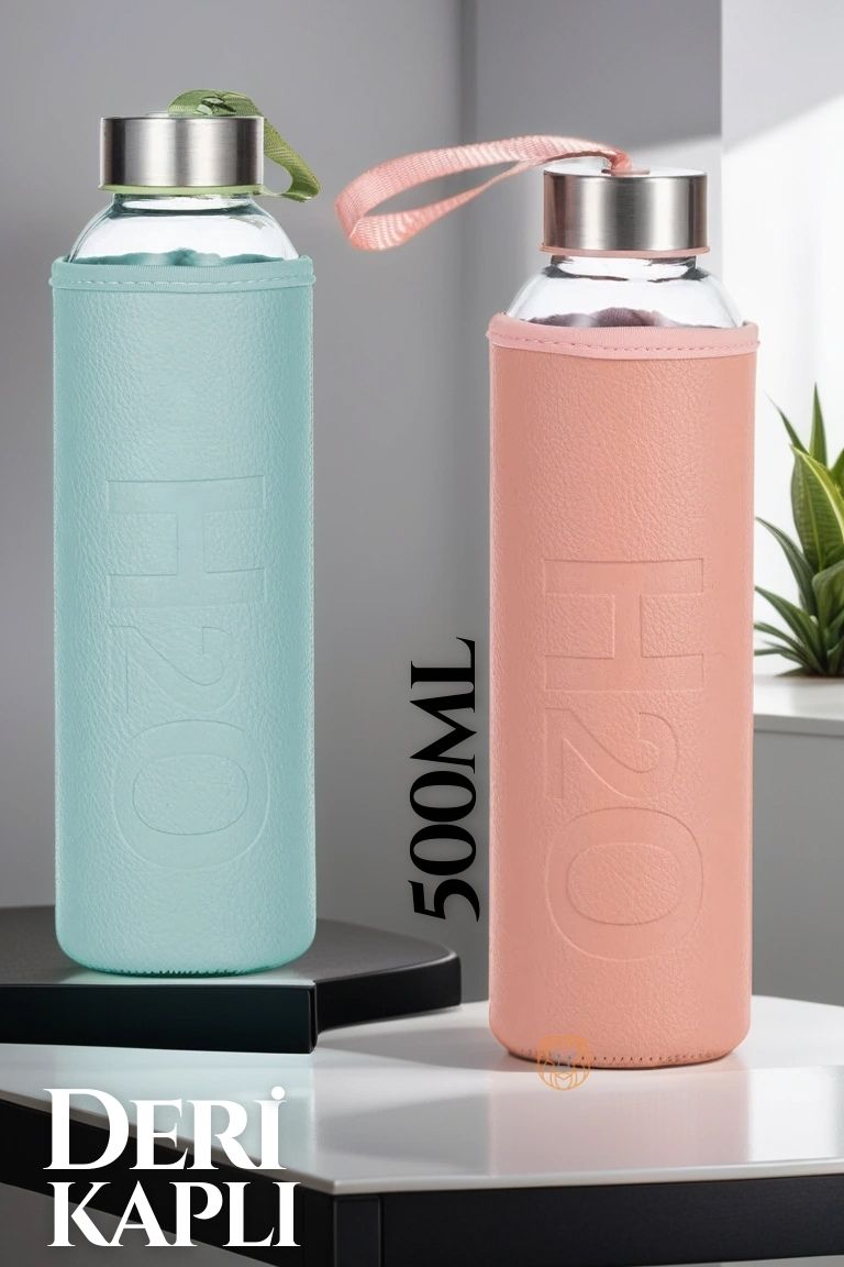Deri Kılıflı Borosilikat Matara 500 ML 2 renk 2 li Set