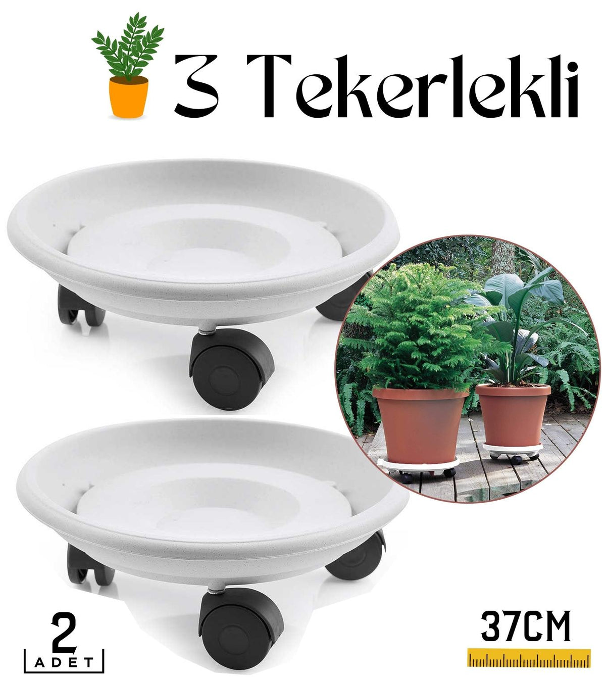 2 li Tekerlekli Saksı Altığı 37 CM Coadura Design Beyaz 714457