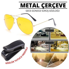 Metal Çerçeve Gece Sürüş ve Sis Gözlüğü Gözlük Tutucu Hediyeli