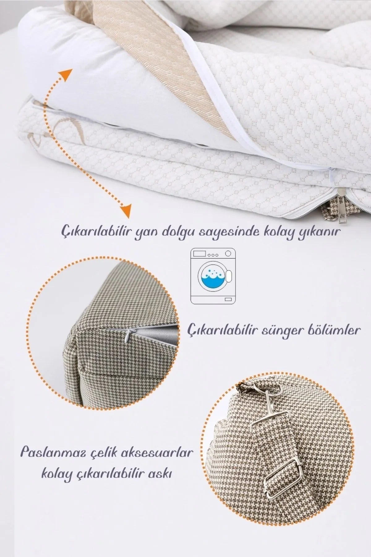 Çantalı Taşınabilir Reflü Yatağı, Babynest, Anne Çantası KREM