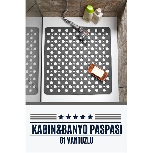 Takaz Global Kabin Banyo Paspası 81 Vantuzlu  Karree Design GRİ