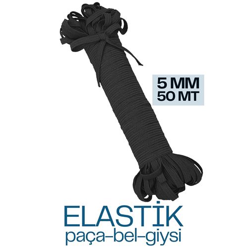 Takaz Global Yassı Bel Paça Giysi Lastiği 50 Mt 5 mm SİYAH