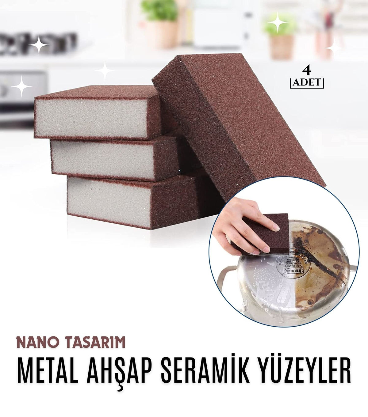 Nano Metal Ahşap Sert Yüzey Temizlik Süngeri 4 lü SET